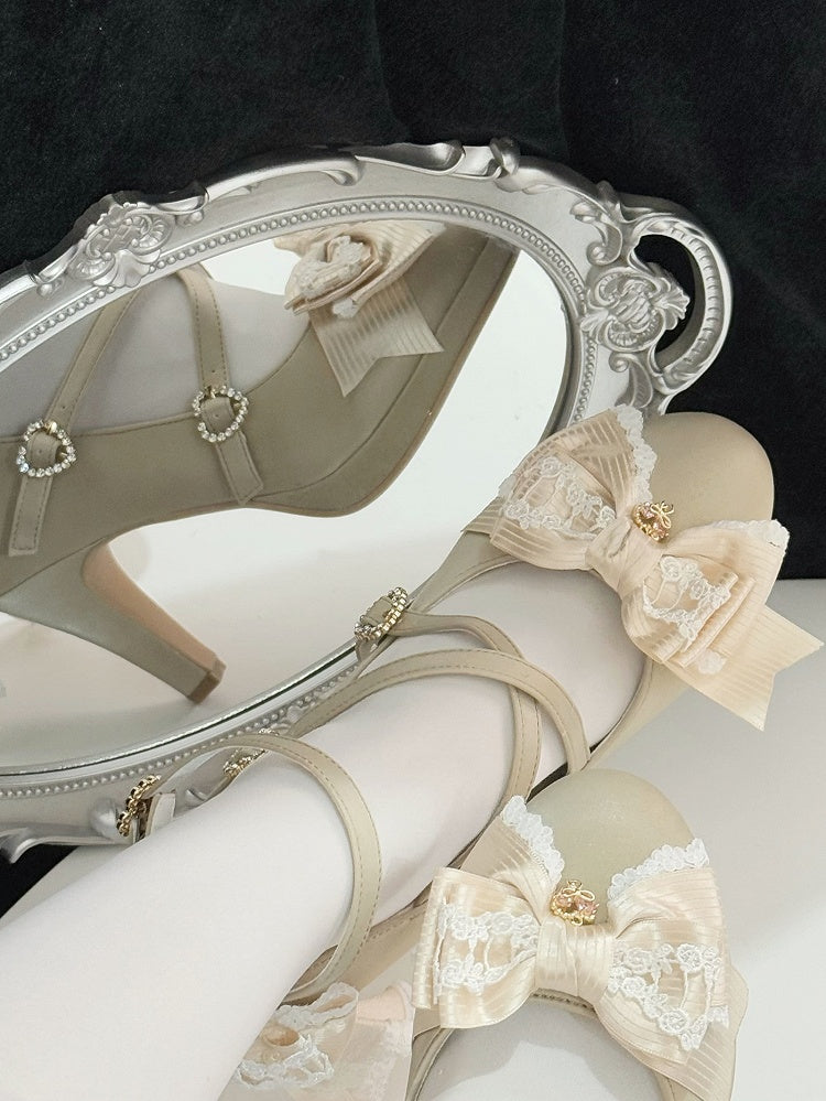 Gold Heels Top Heart Design Bow Buckle Crisscross at High