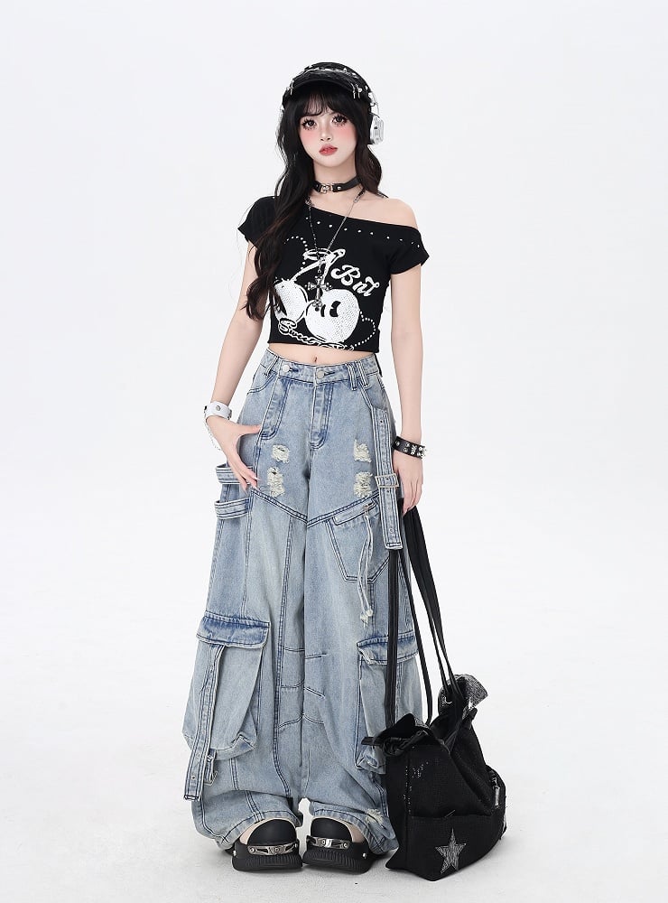 Rise Distressed Holes Jeans Low Blue Wide-leg Cargo
