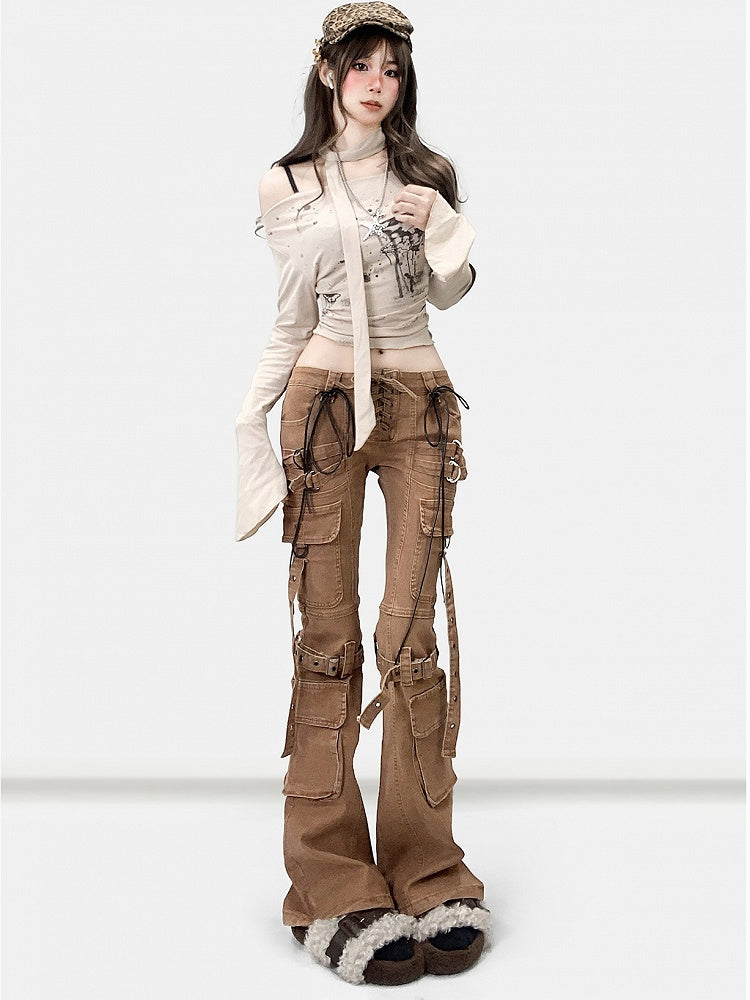 Wasteland Silhouette Flare Lace-up Jeans Punk Detail Brown Coffee