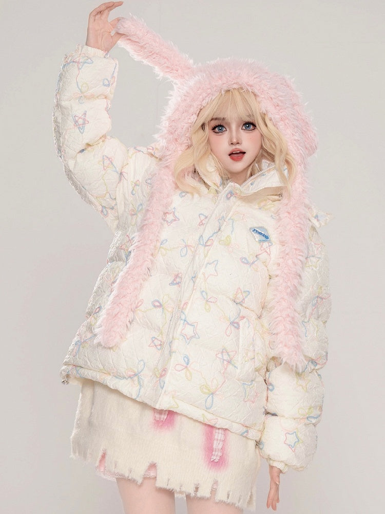 Milk White/Pink Stars and Bows Hooded Thick Jacket