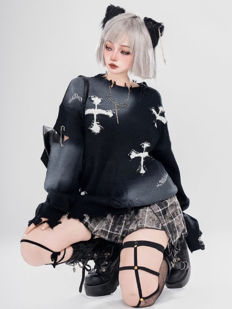 Y2K Black/Grey Cross Shaped Distressed Holes Round Neck Sweater