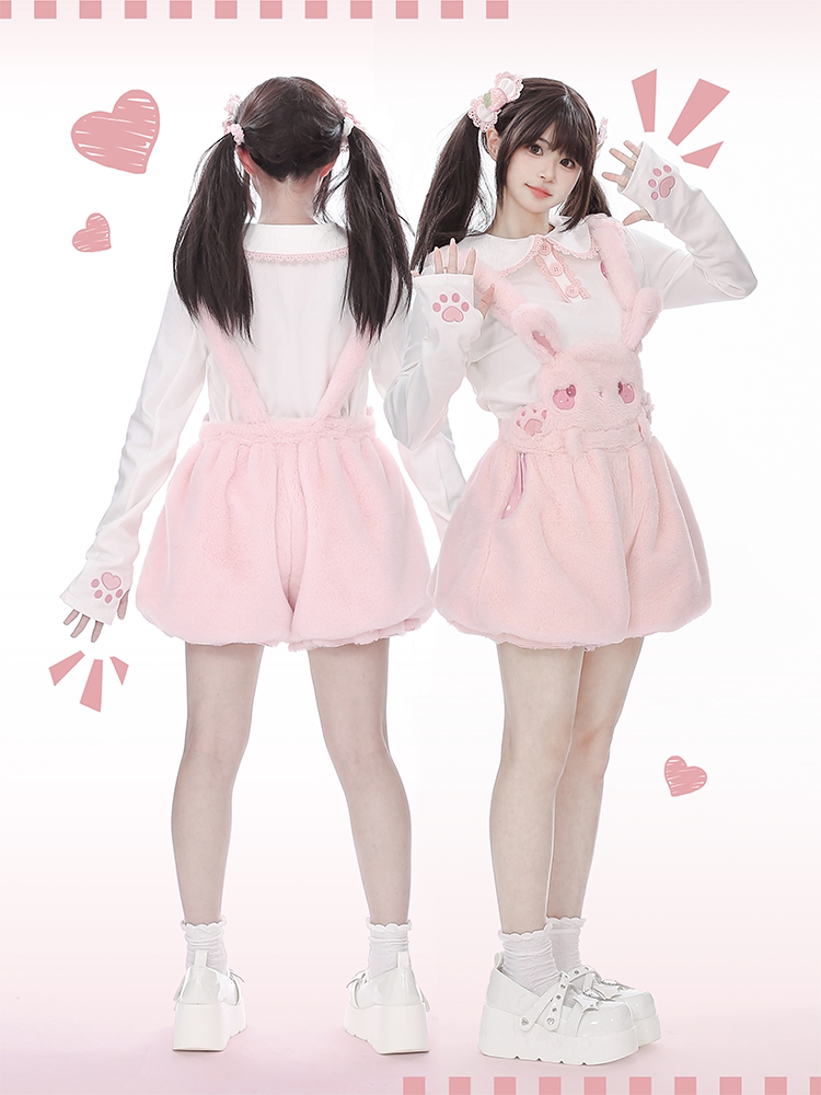 Strawberry and Cute Claws Beige Peter Pan Collar Long Sleeves Top