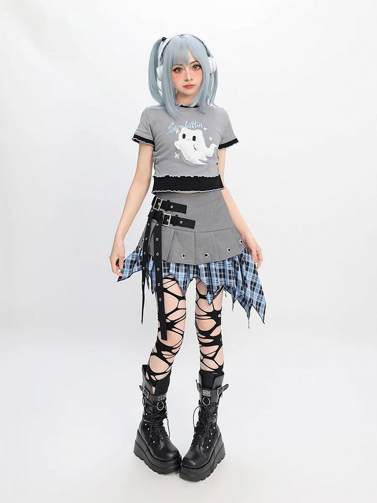 Two-pieces Y2K Faux Ghost Embroidery Lettuce Hem T-Shirt Gray Plush