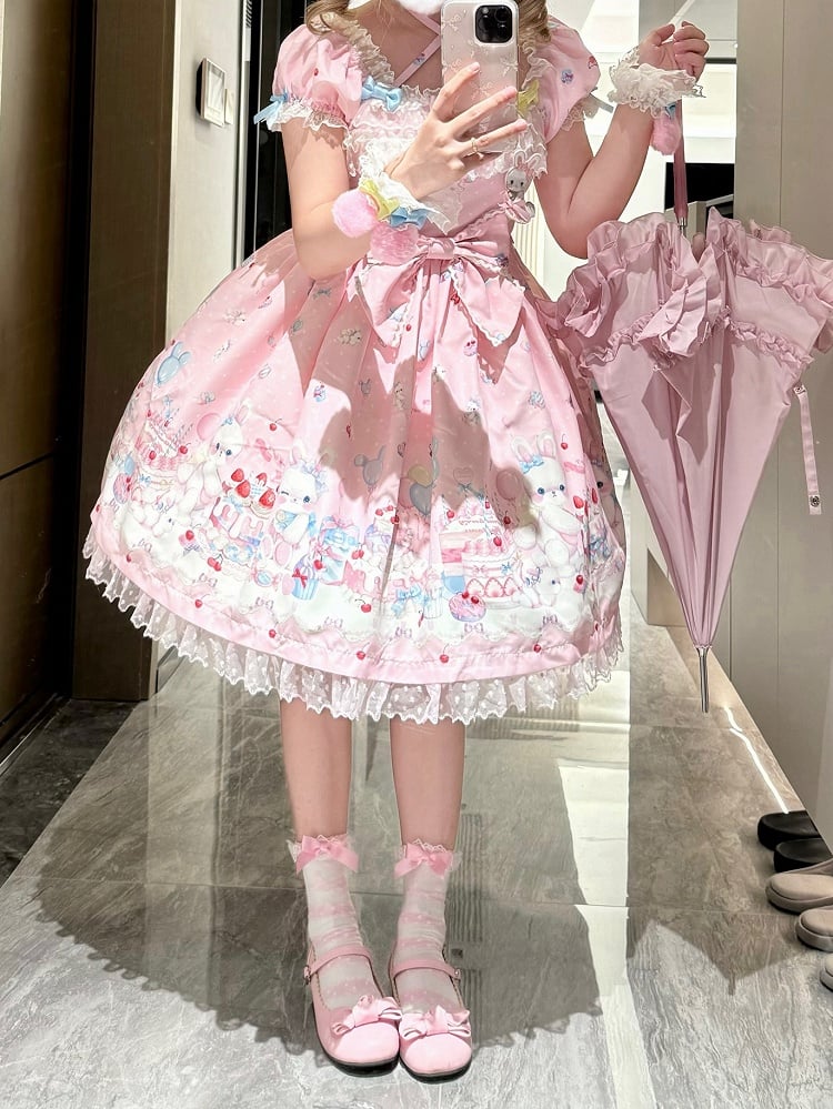Sleeves Puff Pink Print Dress Sweet Lolita Bunny and Cake Short