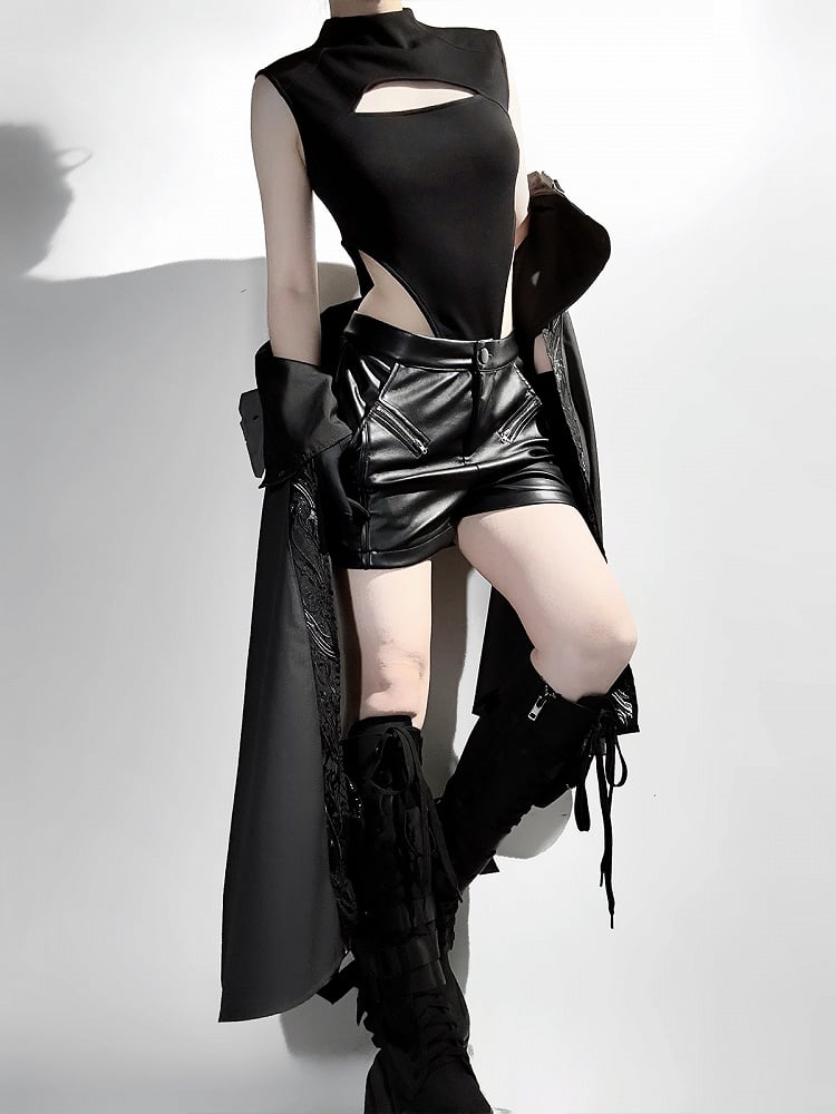 Sleeves XL Overlong Ouji Bodysuit Size Leather Exclusive + Futuristic Shorts Outfit Techwear Black Jacket Cropped Lolita -