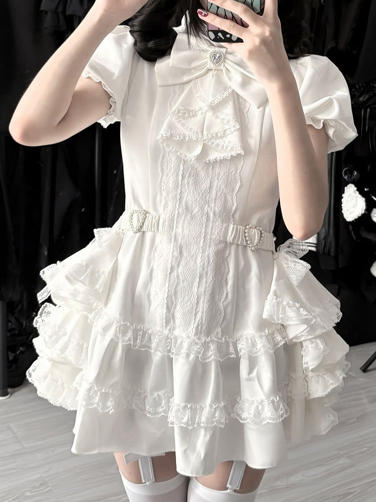 Bow and White Kei Flowing Dress Side Sleeves Tie Train,Shorts Set: with Puffy Gothic Jirai