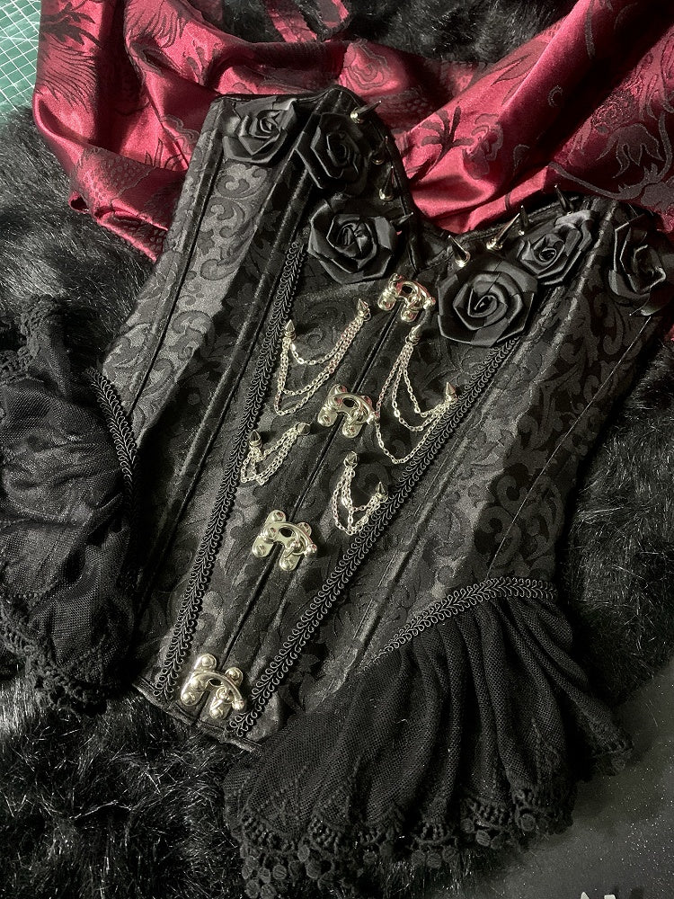 Gothic Black Rosette Studs Chain Embellished Boned Corset