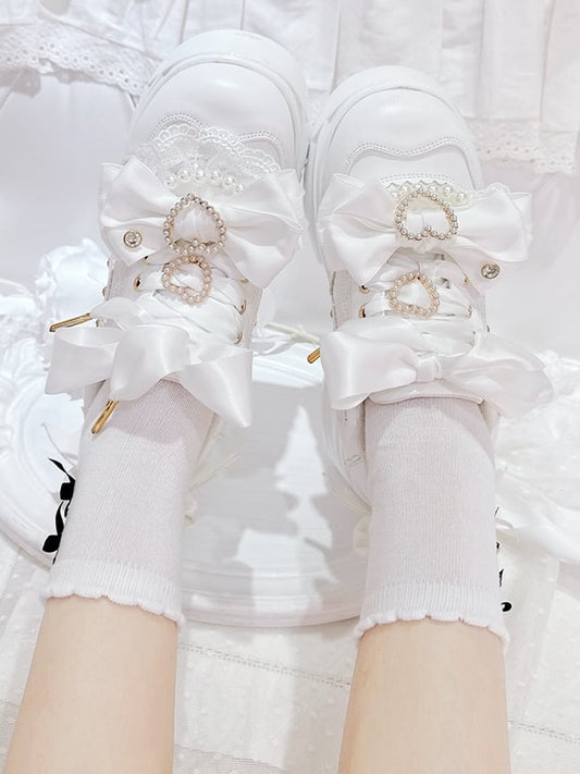 Beaded Platforms White PU Lace-Up Sparkling Jirai Rhinestone Heart Kei Detachable Leather - Bow Decor