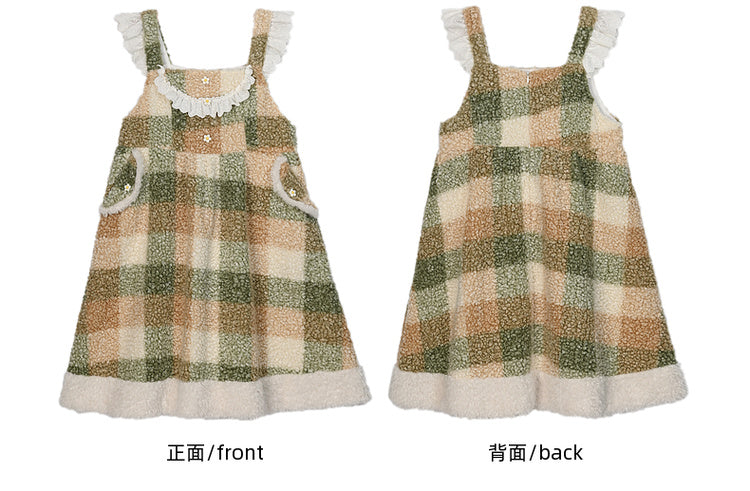 Grünes, kariertes Fleece-Overallkleid mit Blumenmuster und Knopfdetails, Spitzenbesatz und Taschen