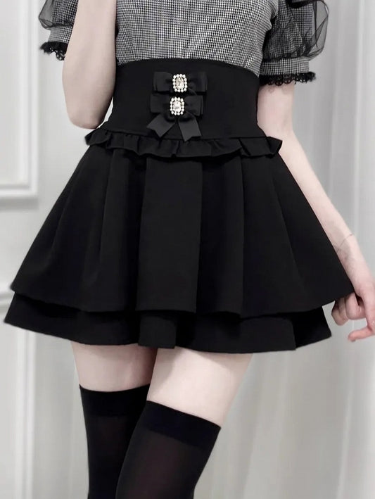 Jirai Kei Black Corset Waist Double-Layered Skirt with Detachable Bowknots