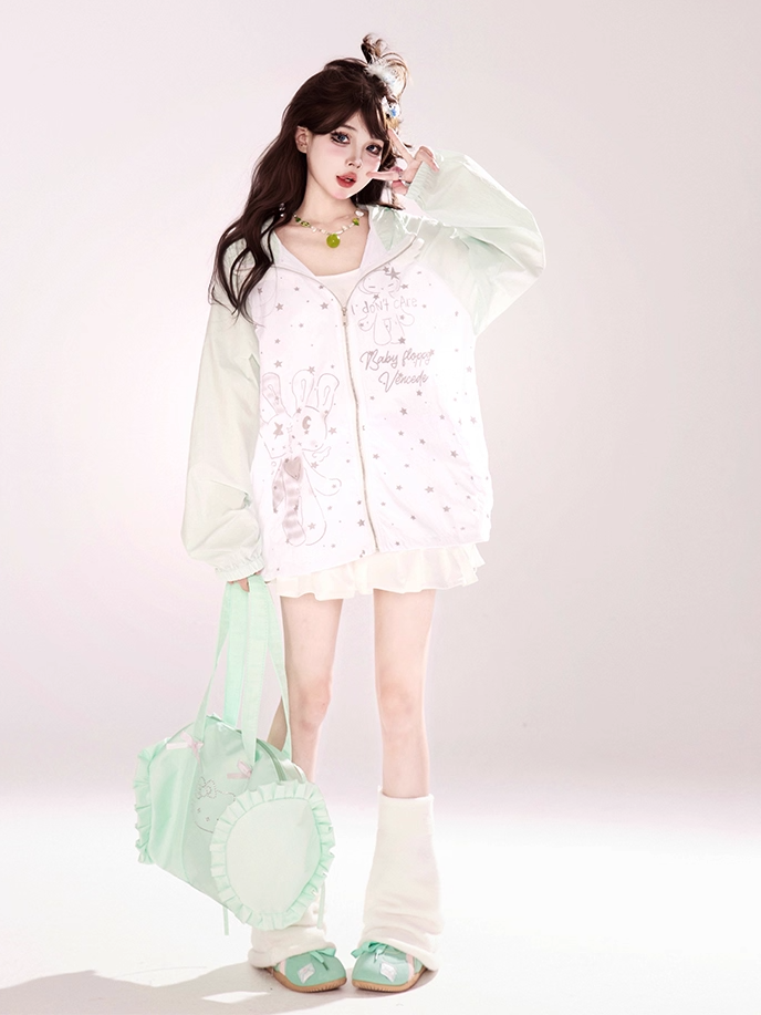 Design Hood Ears Kitty Colorblock Zip-up Jacket Cartoon Print Black/Green