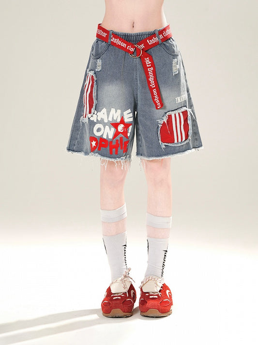 Denim Shorts Waist Belt with Blue Elastic Waist Raw Hem Distressed Holes