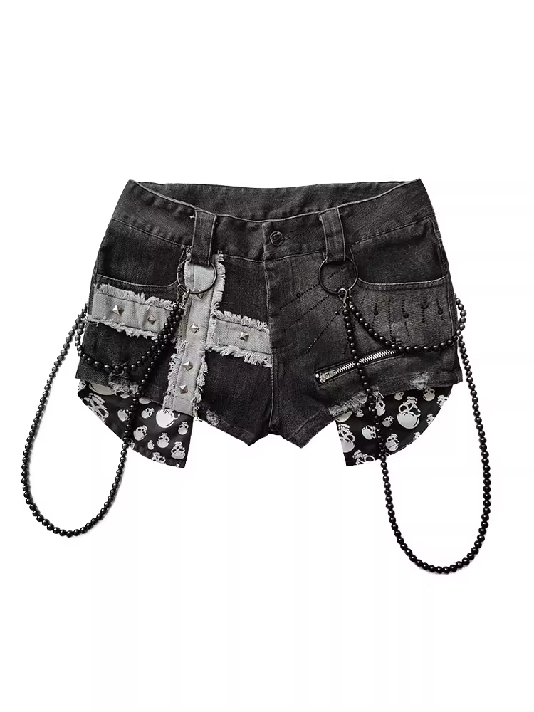 Denim Shorts Black Cross Applique Studded Glamorous Beaded Chain with Punk