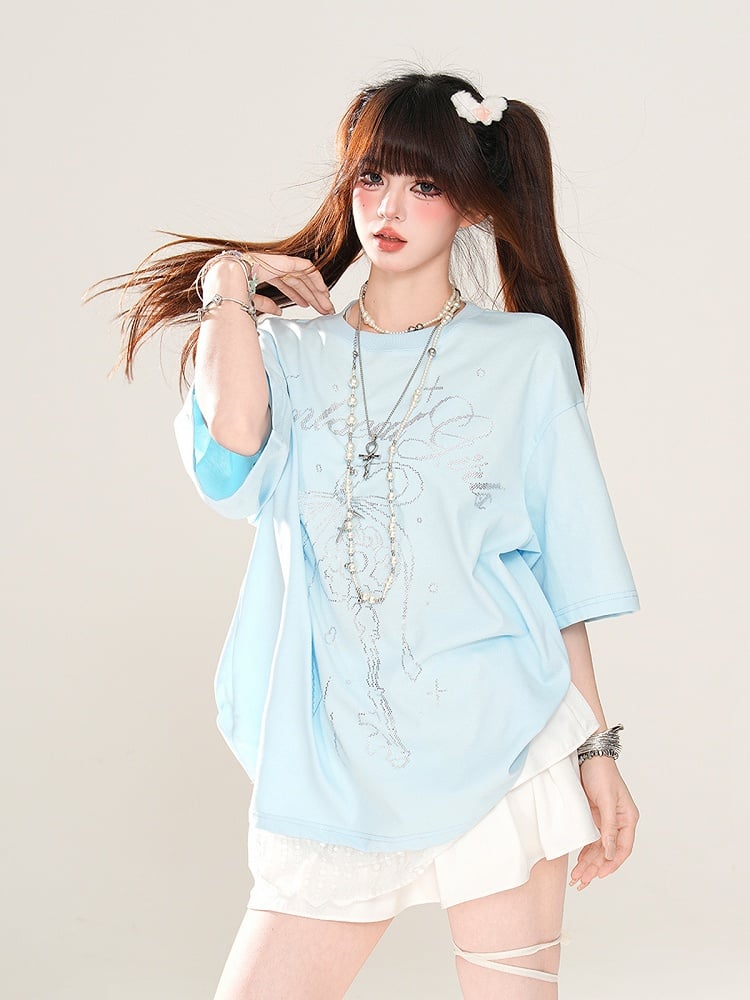 T-Shirt Loose Blue/White Key and Bowknot Print Lace Trim