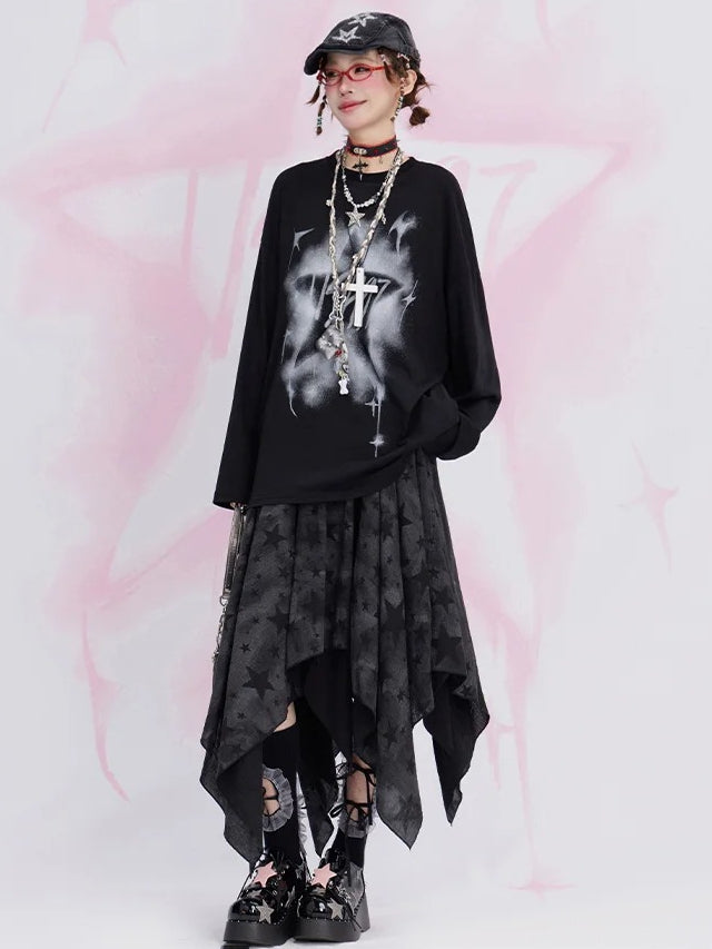Black Y2K Stars Handkerchief Hem Skirt