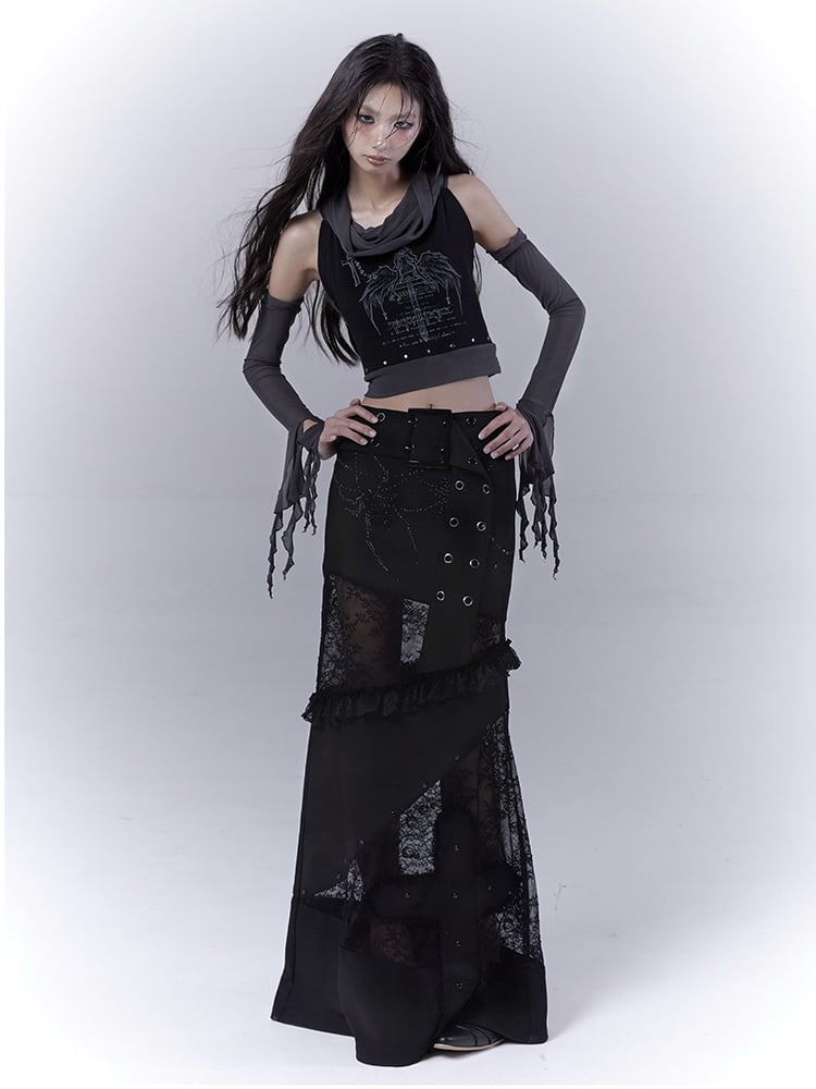 Sleeveless Top Armwear Print Punk Studded Black Cross Wing with Free