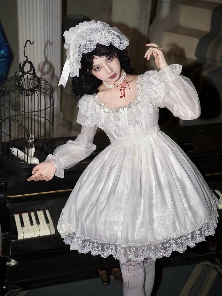 Set Full Short Dress Goth High White Version OP Castle Print Waist Lolita