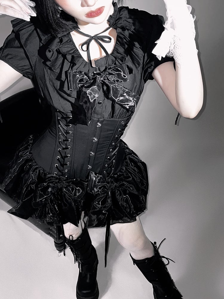 Gothic Layered Neckline Lolita Black with Waist Ruffles Blouse Elastic Smocked