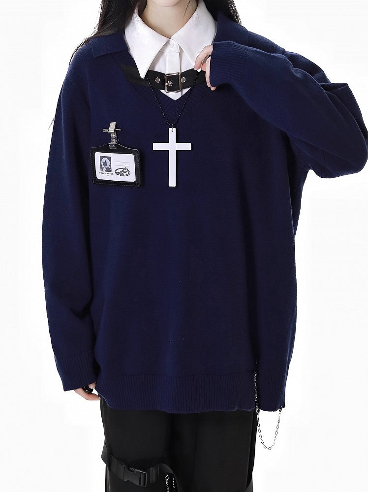 Free Holder Navy Blue V-Neck Buckle Card Strap Spring Sweater Necklace