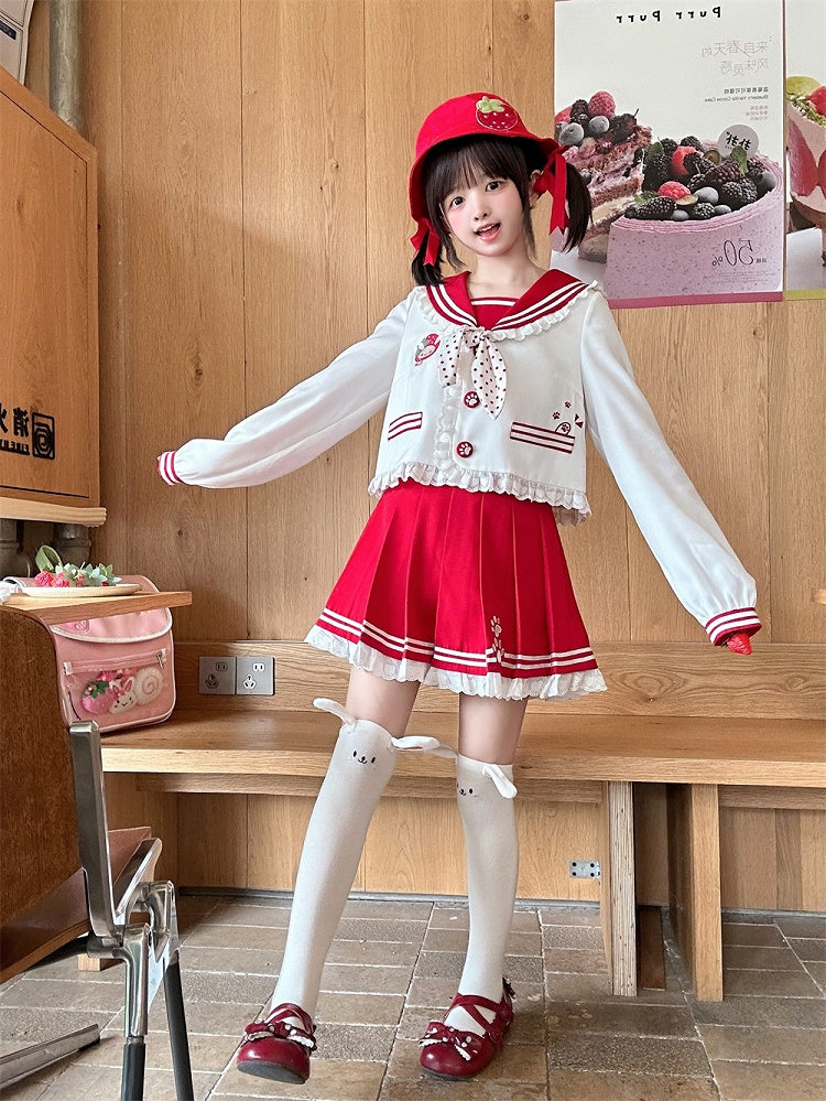 Pink/Wine Ruffled Sailor Collar Bunny Ears Design Back Red JK Uniform Top Light
