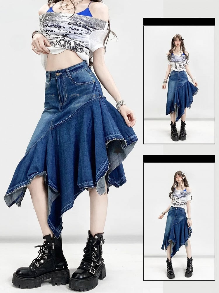 Mermaid Hem Asymmetrical Blue Y2K Skirt