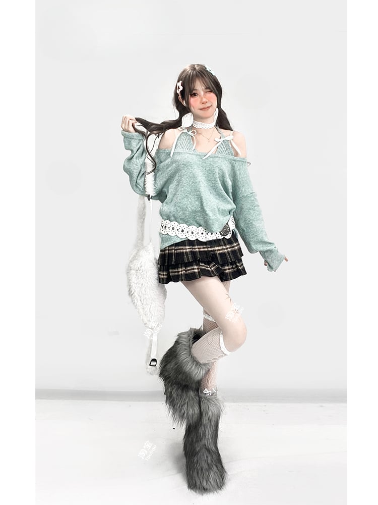 Mintgrüner Neckholder-Strickpullover mit Fake-Zweiteiler