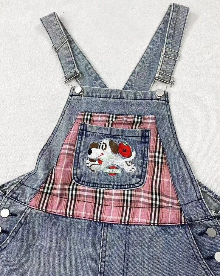 Pocket Jeans Puppy with Summer Waist Cute Accessory Plaid Overall