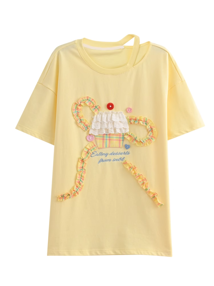 Bowknot Tiered Ruffled Big Cake Yellow Cotton T-shirt Design Lace