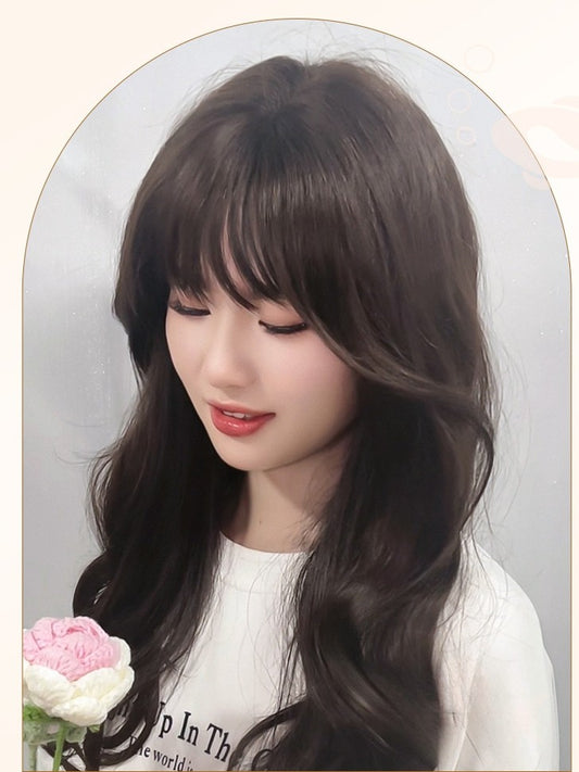Bangs 65CM Wig Wavy Length With Brown