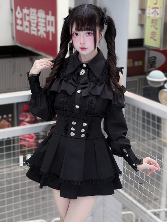 Kei Look Blouse Buckle Cutout Black Shoulder Heart Decorative with | Jirai