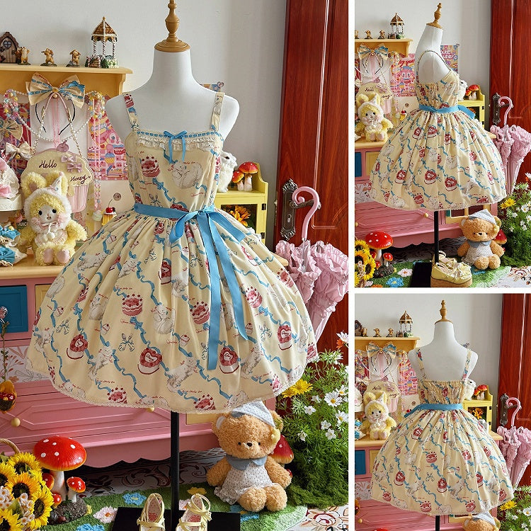 Cute Lolita Dress Sweet Showa Jumper Yellow Kitty Cream Print Skirt Fluffy