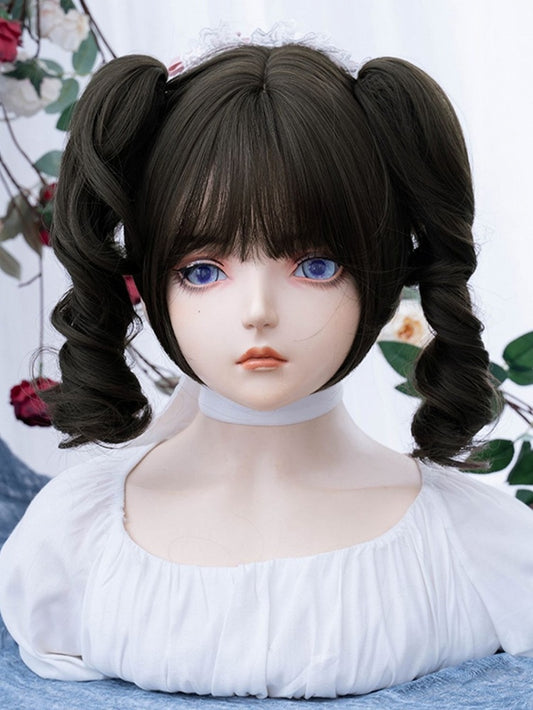 ブラウンのショートボブカット合成ウィッグ(ダブルポニーテールクロークリップ付き)