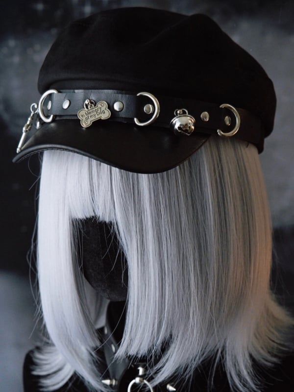 Nieten Kreuz Baskenmütze und Knochen Hut Schwarz Gothic Details Charme