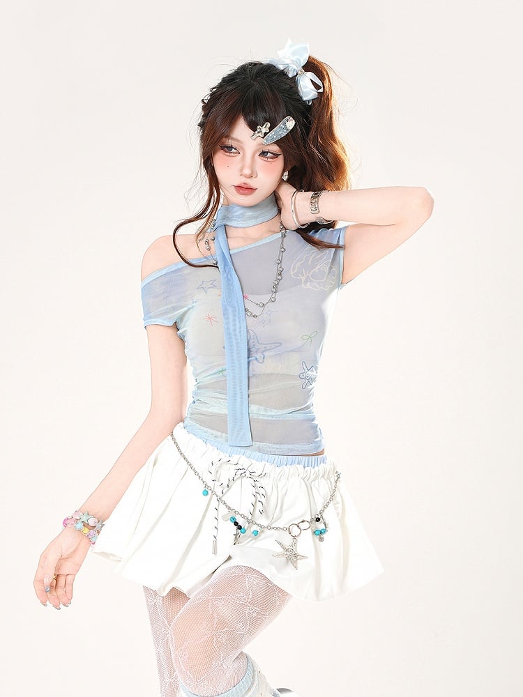 Starfish and T-shirt Shell Semi-sheer with Asymmetrical Neckline Blue Print Free Scarf