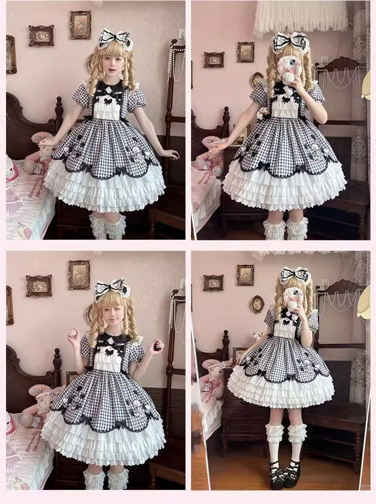 Sleeves Black White Plaid Bear Lolita Dress Skirt Puff Tiered Embroidery OP