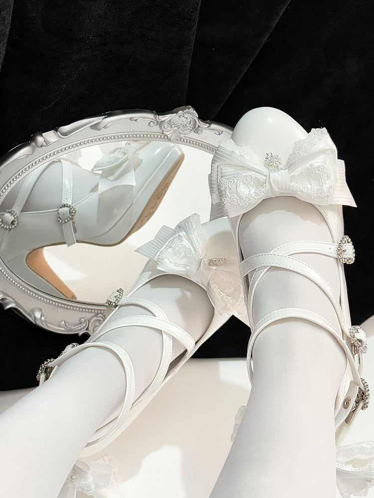 High Crisscross Heart Top White at Bow Buckle Heels Design