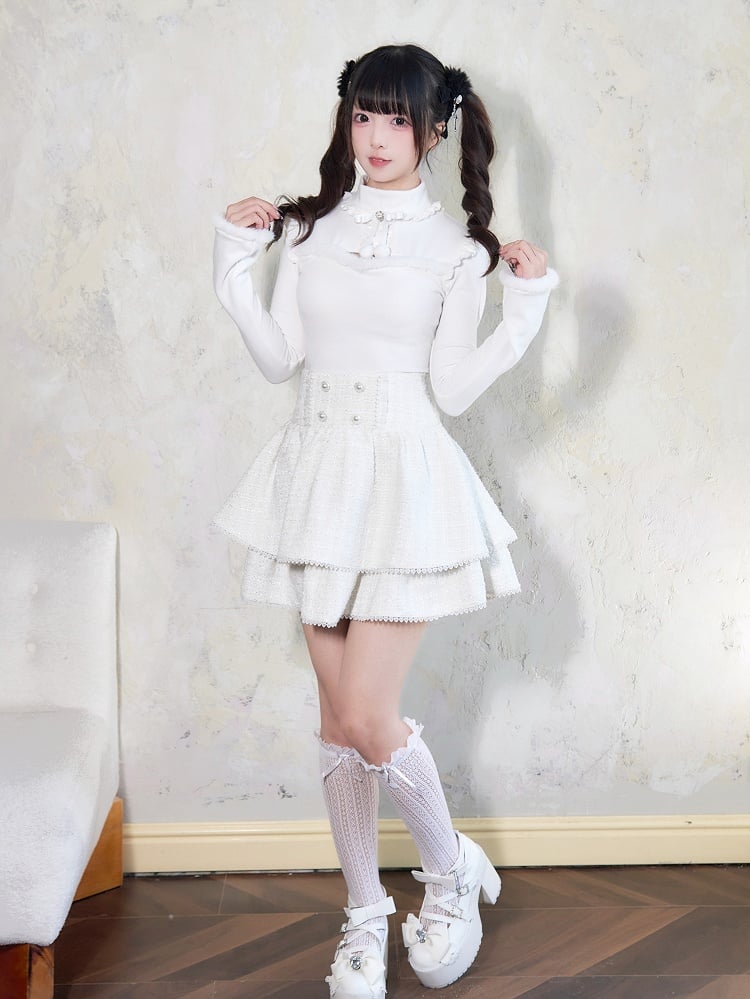 Jirai Kei Plush Trim Cutout Detail Bow Rhinestone Embellished White Top