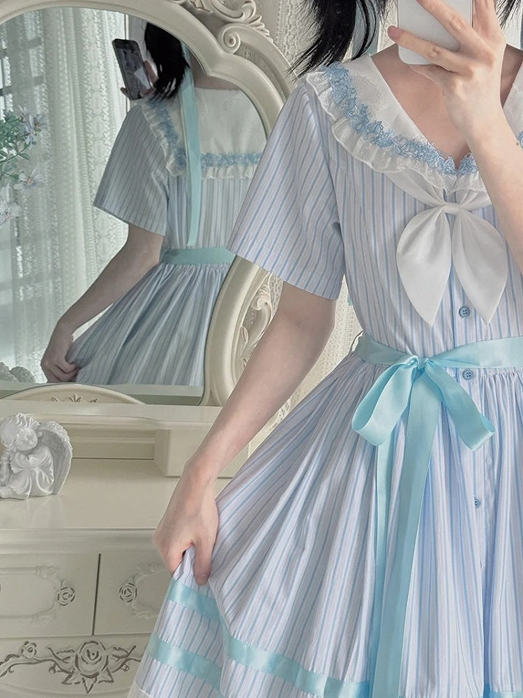 Sailor Pattern Available Plus Blue Lolita Dress Sizes Sea Collar Jacquard Summer Striped Shell