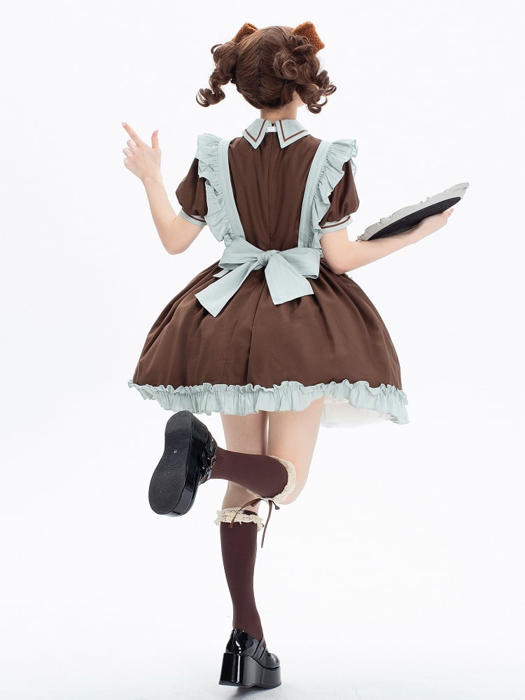 Dress Puff Short Lolita Sleeves Brown Kitty Mint Green + Maid and Apron