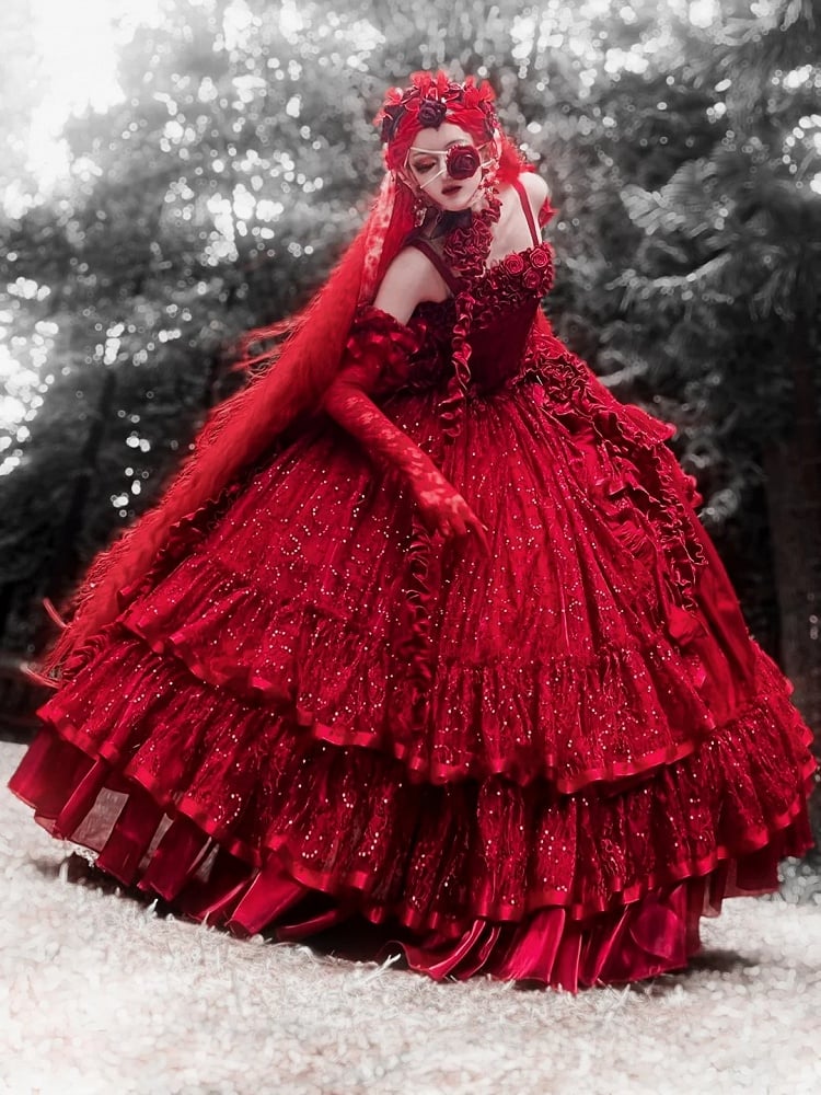 Hanayome Waist Boned Floor Corset Length Gown Hime Dress Red Ball Lolita