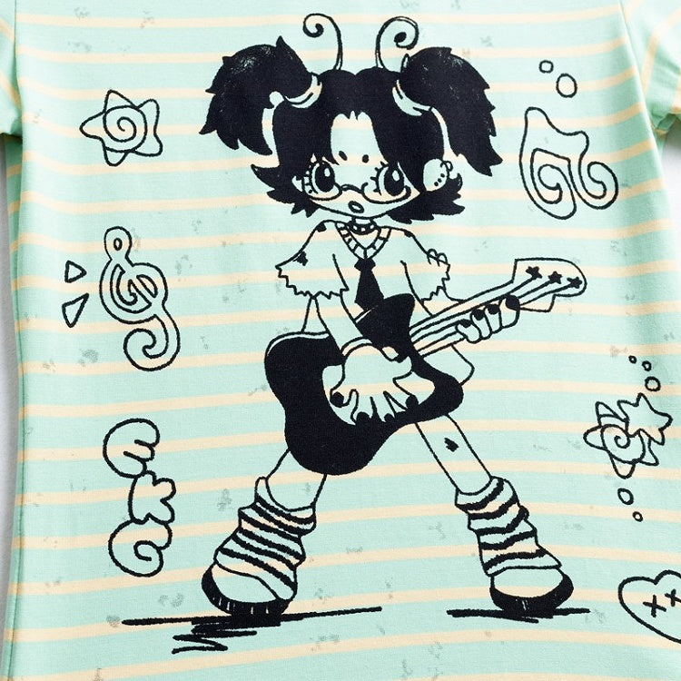 Rockin' Cartoon Girl Striped Slim-Fit Green T-shirt - Perfect for Summer Vibes