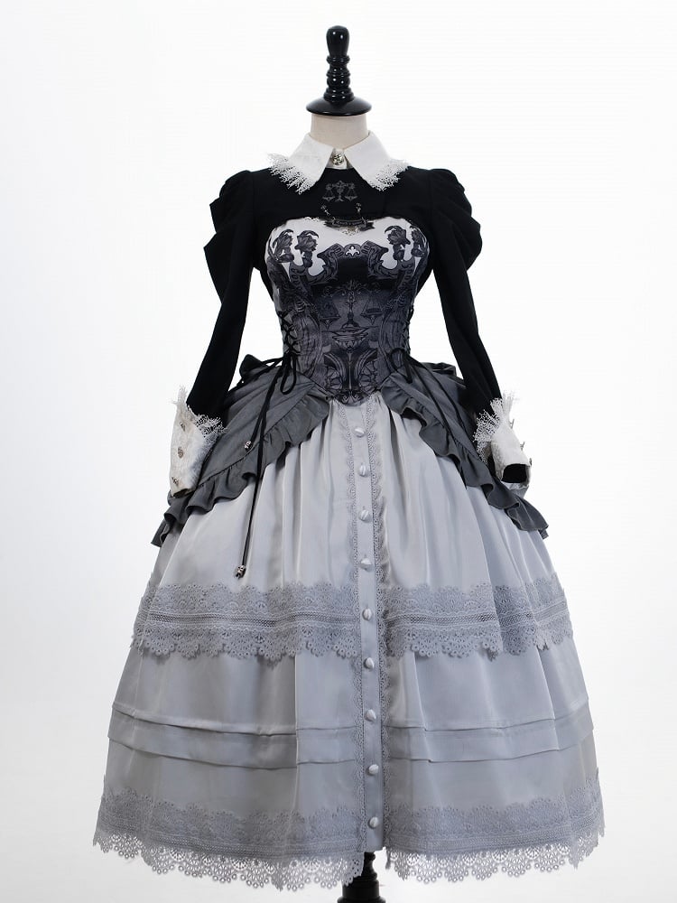 with Corset Lolita Belt Gray Waist High Detachable Overlay Gothic Skirt Boned