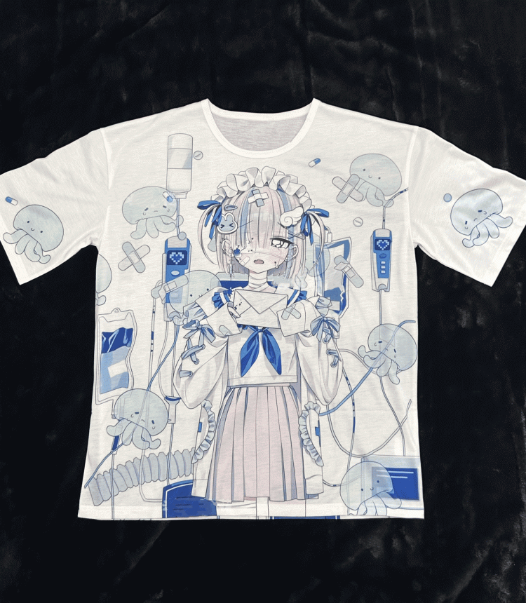 T-shirt Dark Otaku Aesthetic Black Kawaii Round Neck /White with Yami Anime Print
