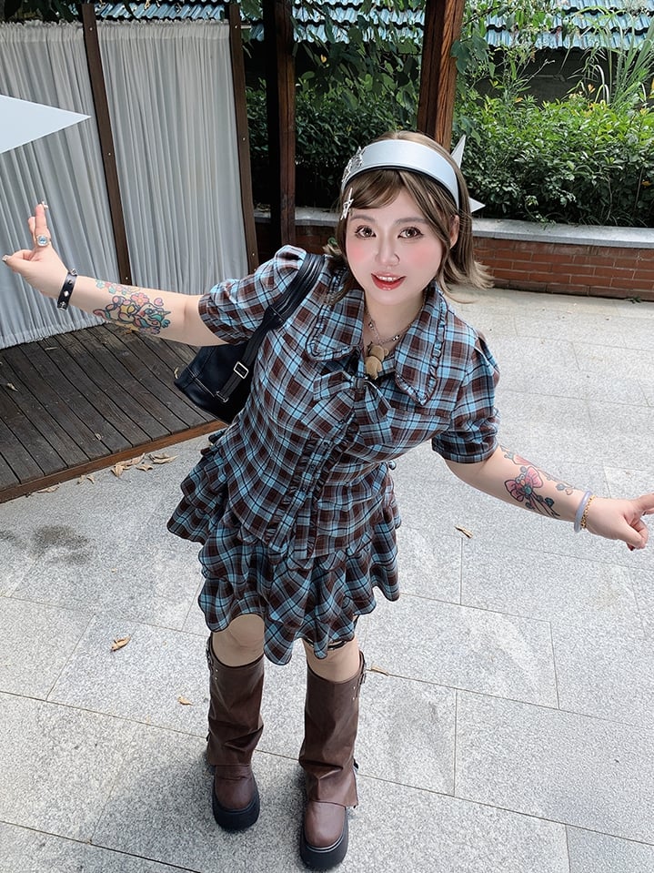 Plus Size Tiered Blue and Brown Plaid Blouse Preppy Style Sleeves Short Skirt /