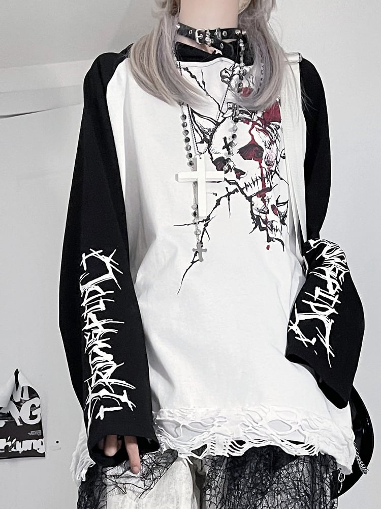 And Letter Punk Hoodie Emo BlackWhite Print Skeleton