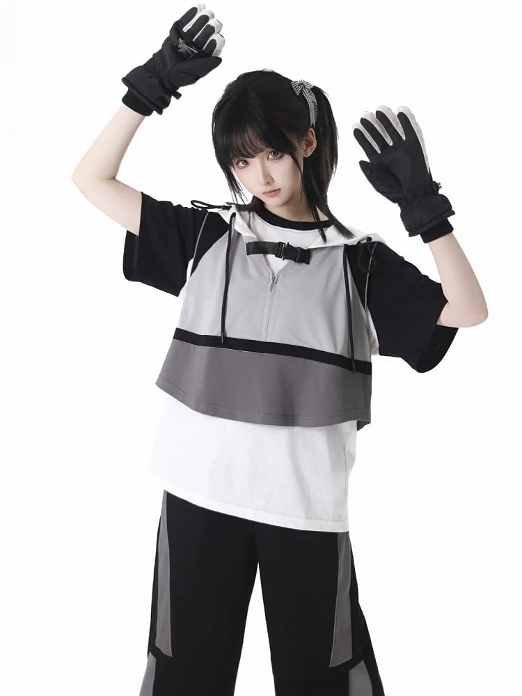 Weste Grau Colorblock Design Techwear Kapuze Cropped