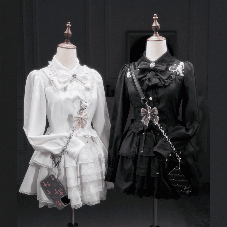 Adorned Blouse Illusion with Strap Details Buckle Neckline White Kei Jirai