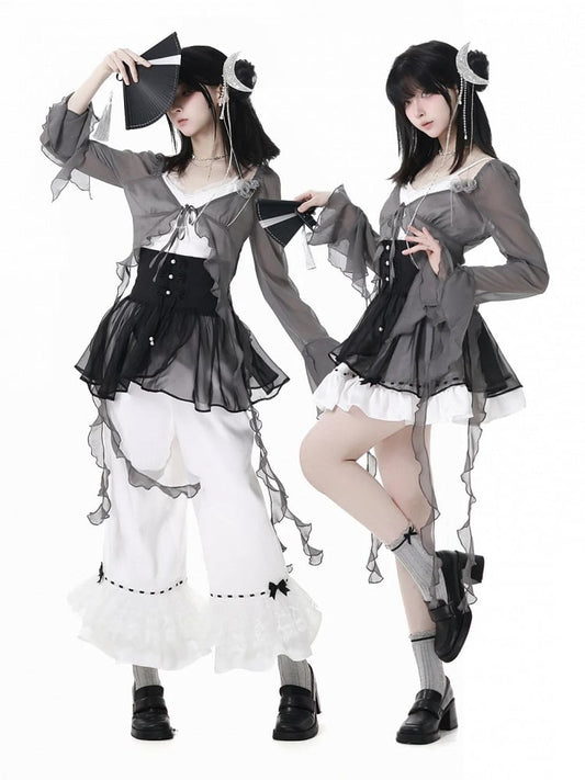 Cascading Ruffle Accents Cheongsam Floral Brooch Chiffon Top with Gray