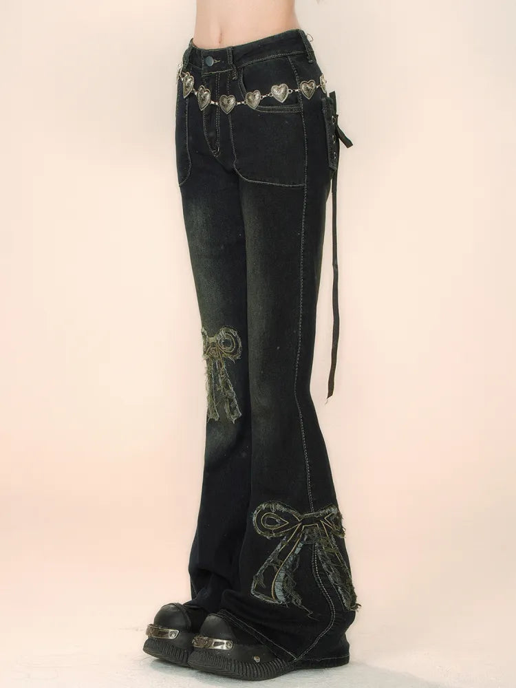 Lace-up Jeans at Bowknots Black Back Flared Details