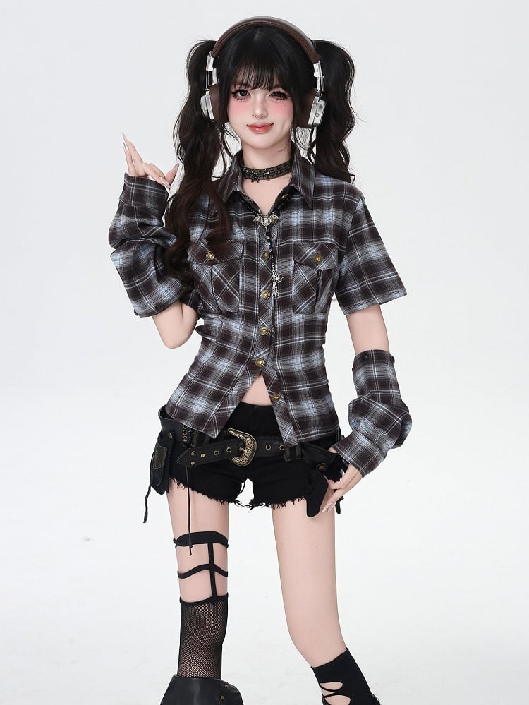 Detachable with Blue and Brown Plaid Lace-up Back Backless Shirt